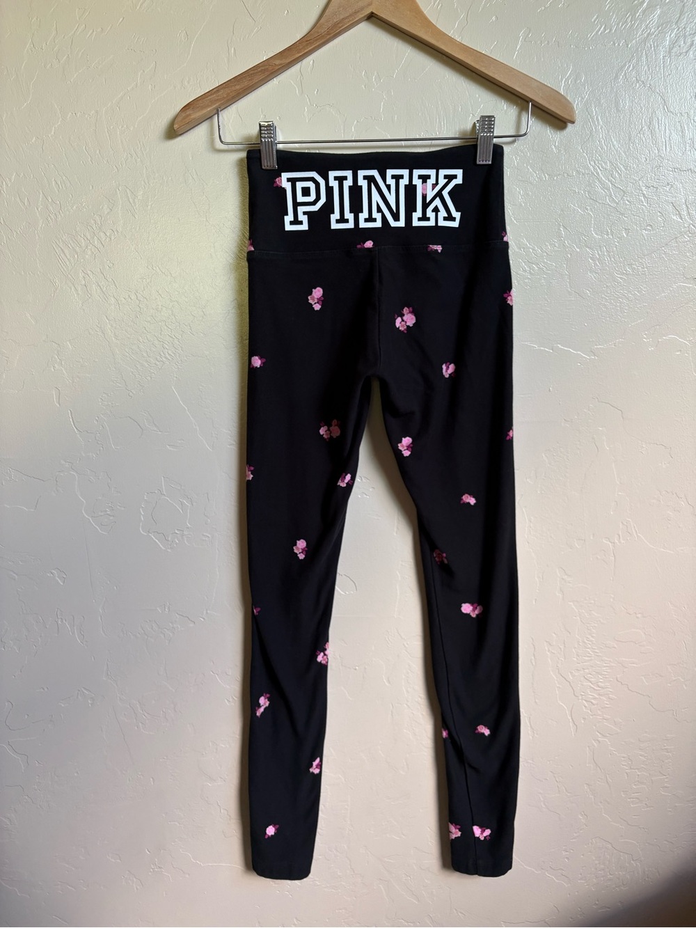 VS PINK Yoga Black Mid Rise Full Length Floral Print Leggings Print Back Size XS